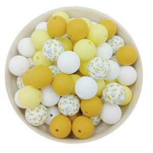 Lot de 20 perles rondes en silicone 15 mm fleur jaune